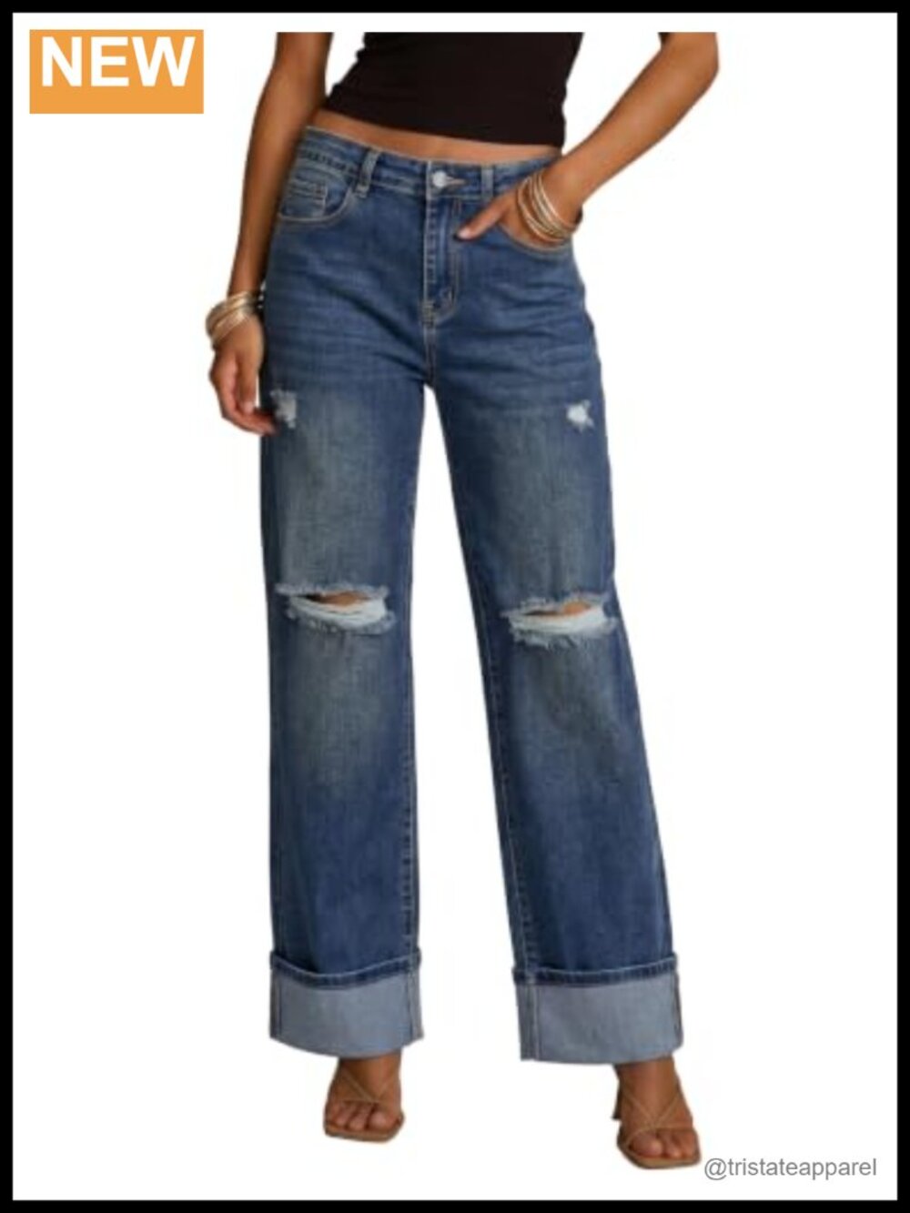 Wide Leg High Waisted Stretchy Ripped Denim Jeans Cuffed Roll Hem 29 Inseam